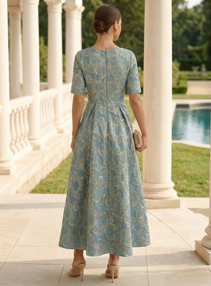 A-Line/Princess V-Neck Jacquard Mother of the Bride Dresses Short Sleeves Floral Ankle-Length