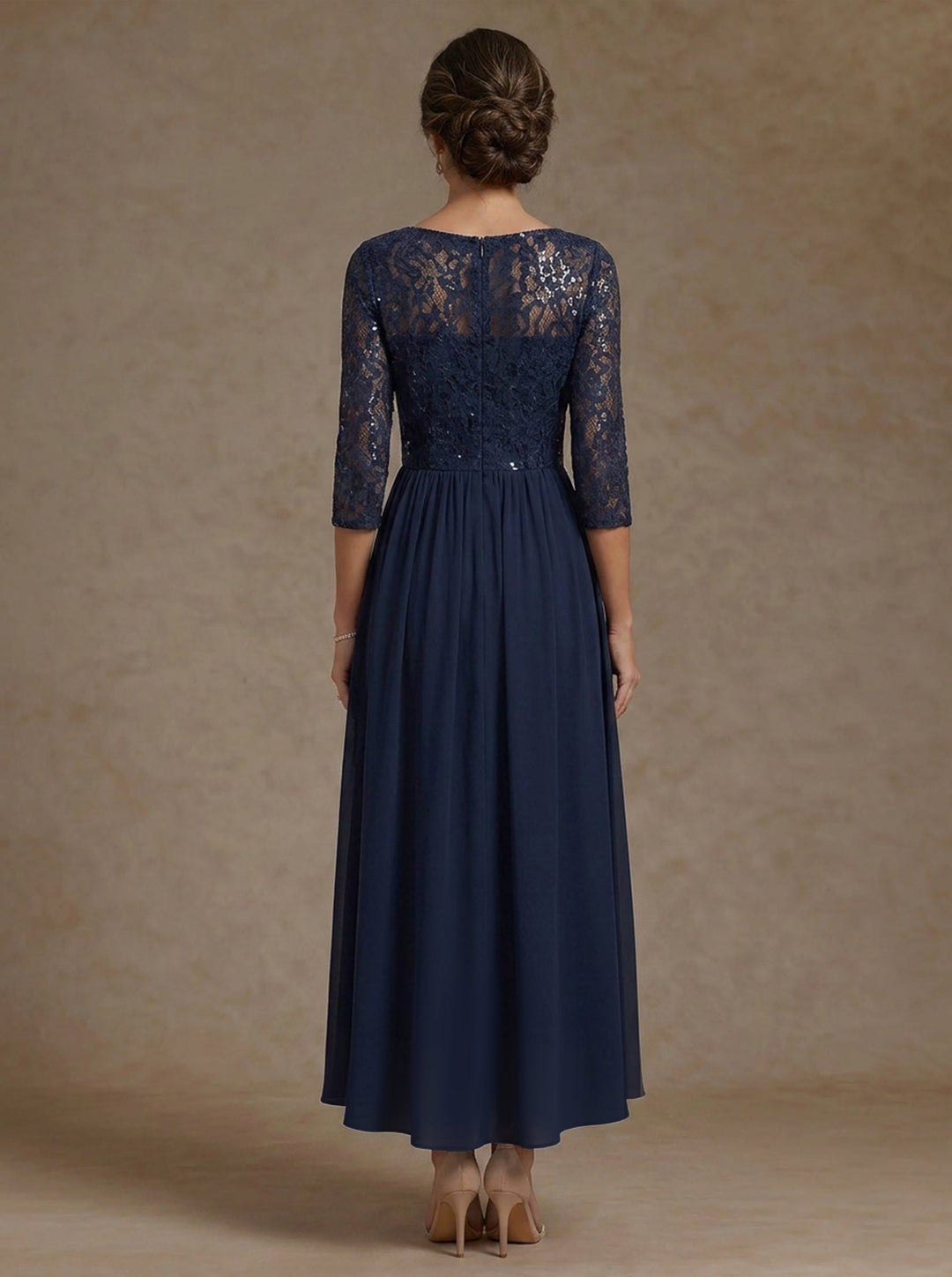 A-Line/Princess V-Neck Chiffon Mother of the Bride Dresses 3/4 Sleeves Lace Sequins Tea-Length