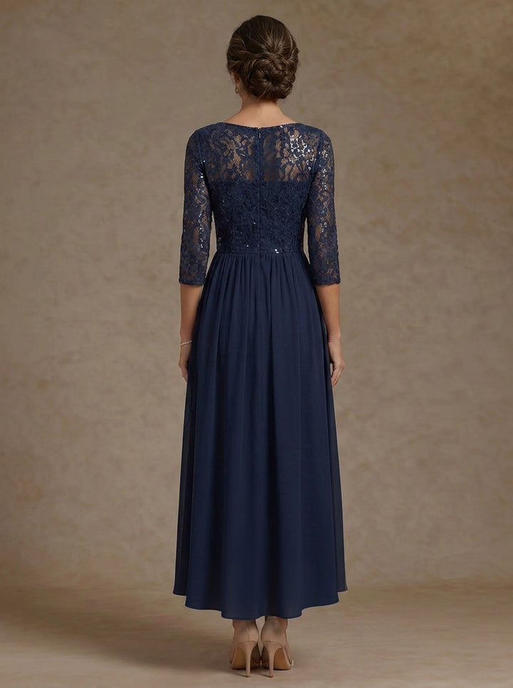 A-Line/Princess V-Neck Chiffon Mother of the Bride Dresses 3/4 Sleeves Lace Sequins Tea-Length