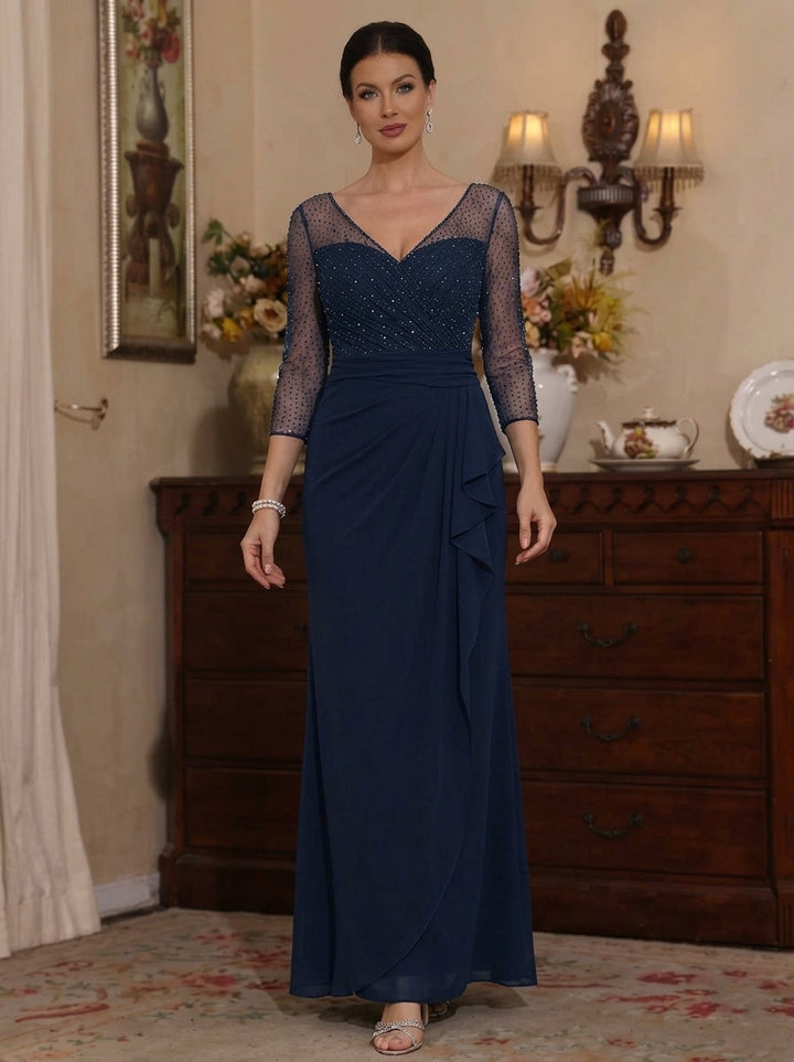 Sheath/Column V-Neck Mother of the Bride Dresses With Rhinestones Ruched Ruffles 3/4 Sleeves Ankle-Length
