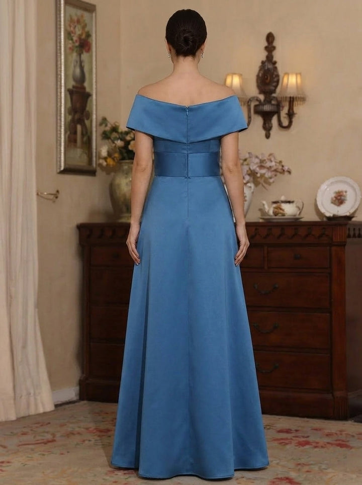 A-Line/Princess Off-the-Shoulder Satin Mother of The Bride Dresses with Pockets Sleeveless Ruched Floor-Length