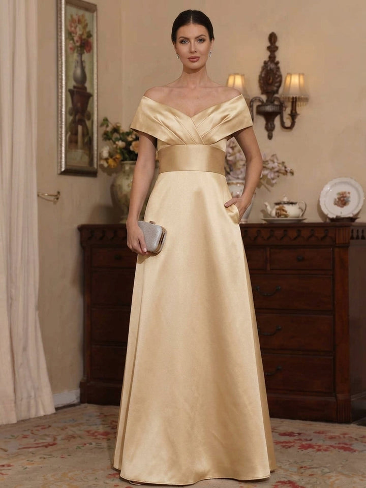 A-Line/Princess Off-the-Shoulder Satin Mother of The Bride Dresses with Pockets Sleeveless Ruched Floor-Length