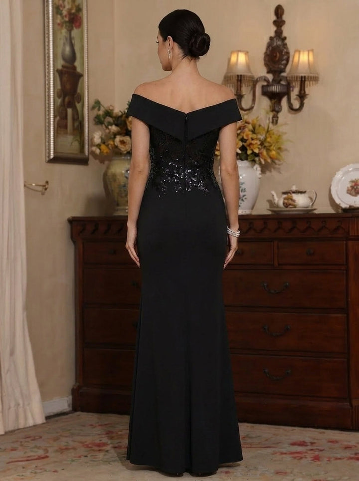 Sheath/Column Off-the-Shoulder Stretch Satin Mother of the Bride Dresses with Split Side Sequins Sleeveless Floor-Length Ruffles