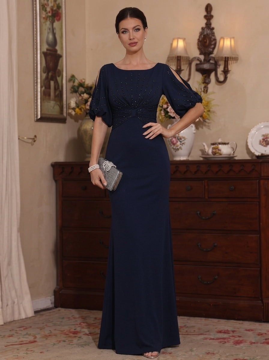 Sheath/Column Scoop Stretch Satin Mother of the Bride Dresses Short Sleeves Floor-Length Beading