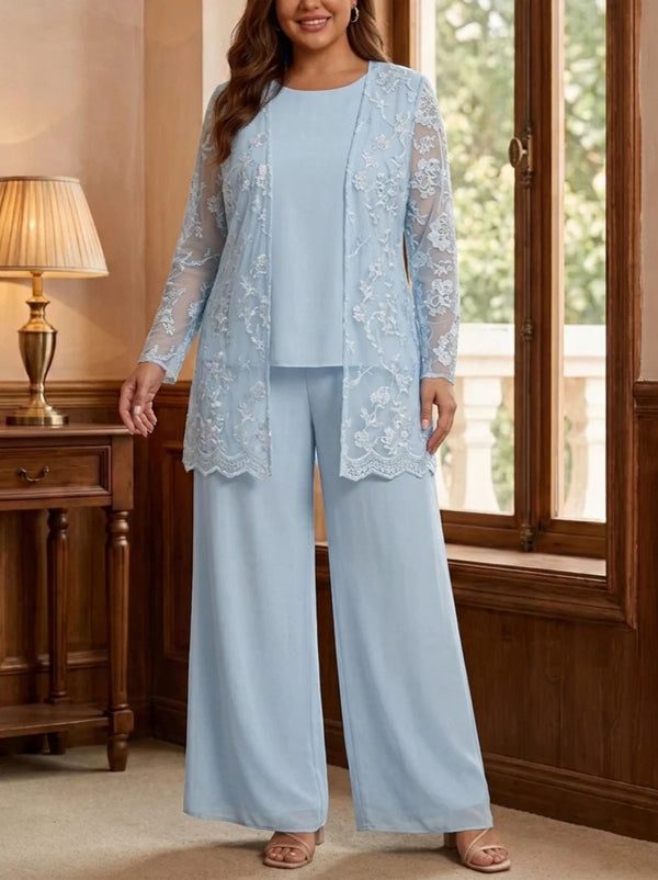 3 Pieces Chiffon Scoop Plus Size Mother of the Bride Pantsuits with Jacket Lace Floral Ankle-Length Long Sleeves