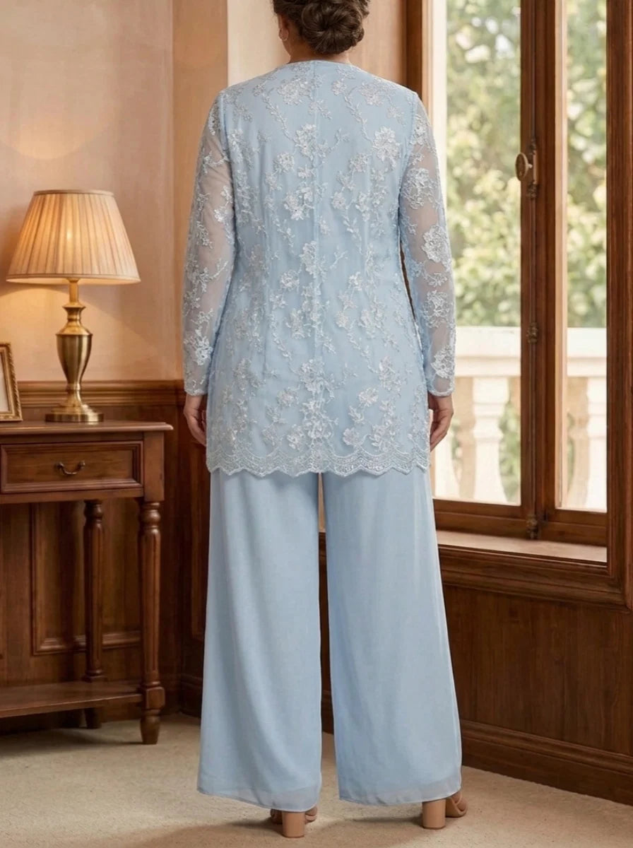 3 Pieces Chiffon Scoop Plus Size Mother of the Bride Pantsuits with Jacket Lace Floral Ankle-Length Long Sleeves