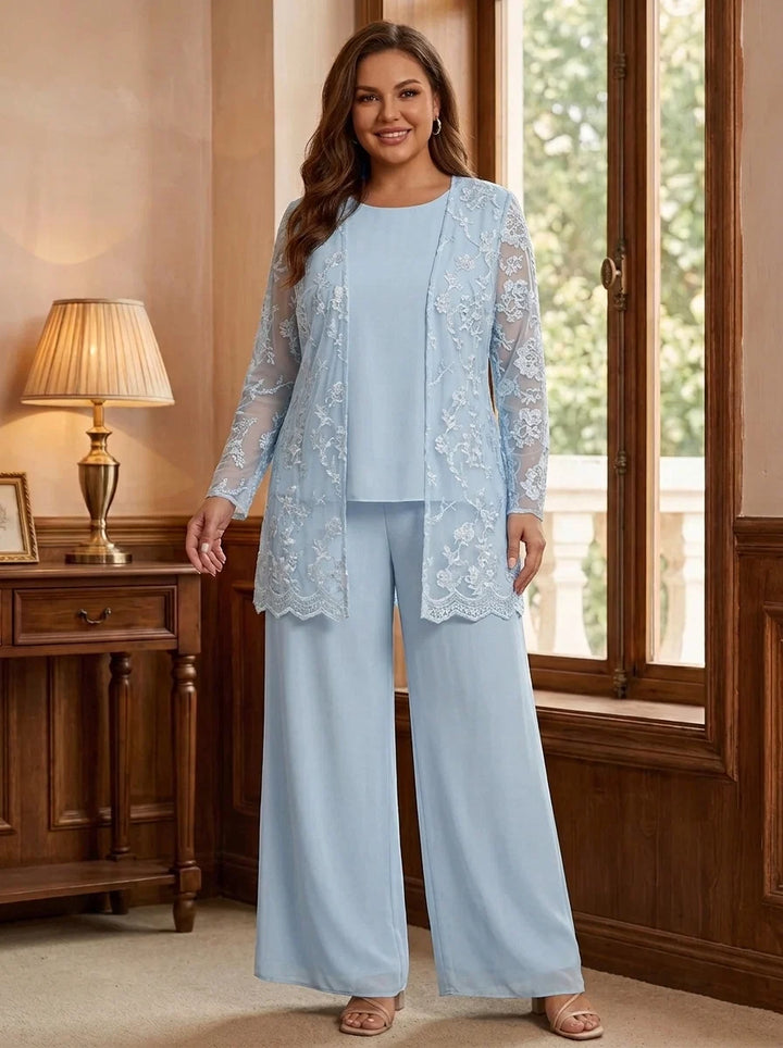 3 Pieces Chiffon Scoop Plus Size Mother of the Bride Pantsuits with Jacket Lace Floral Ankle-Length Long Sleeves