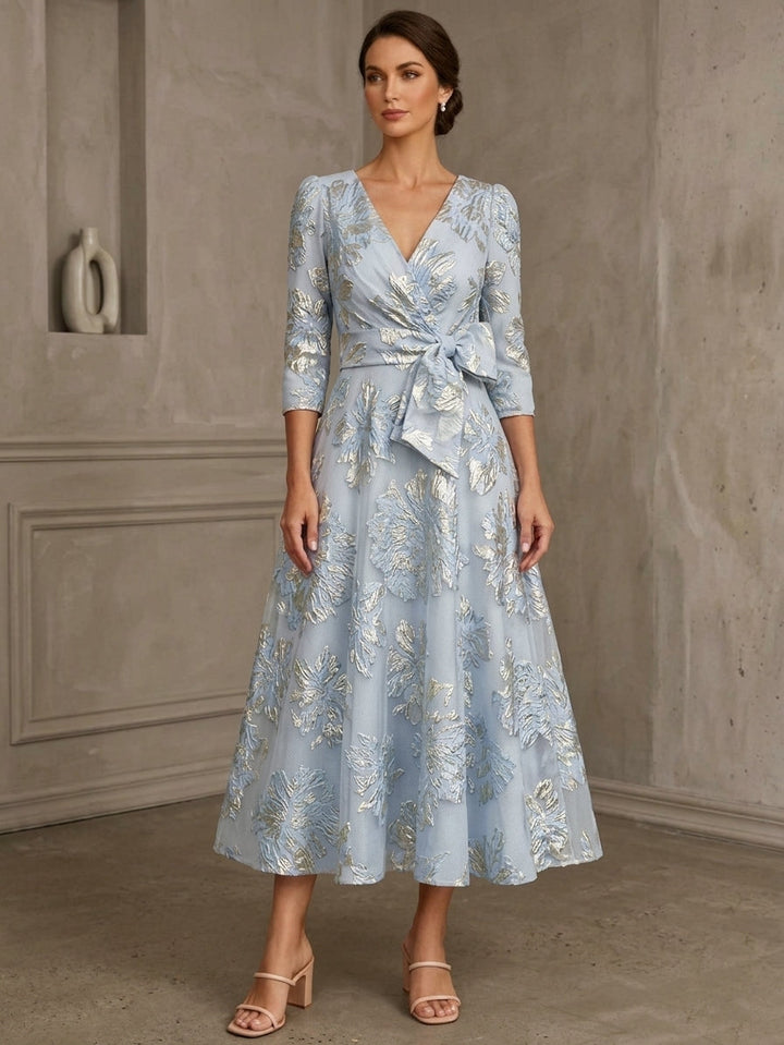 A-Line/Princess V-Neck Jacquard Mother of the Bride Dresses 3/4 Sleeves Floral Tea-Length Bowknot
