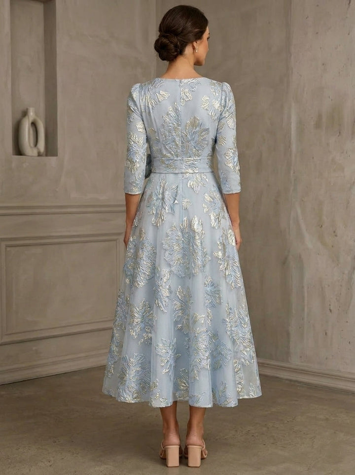 A-Line/Princess V-Neck Jacquard Mother of the Bride Dresses 3/4 Sleeves Floral Tea-Length Bowknot