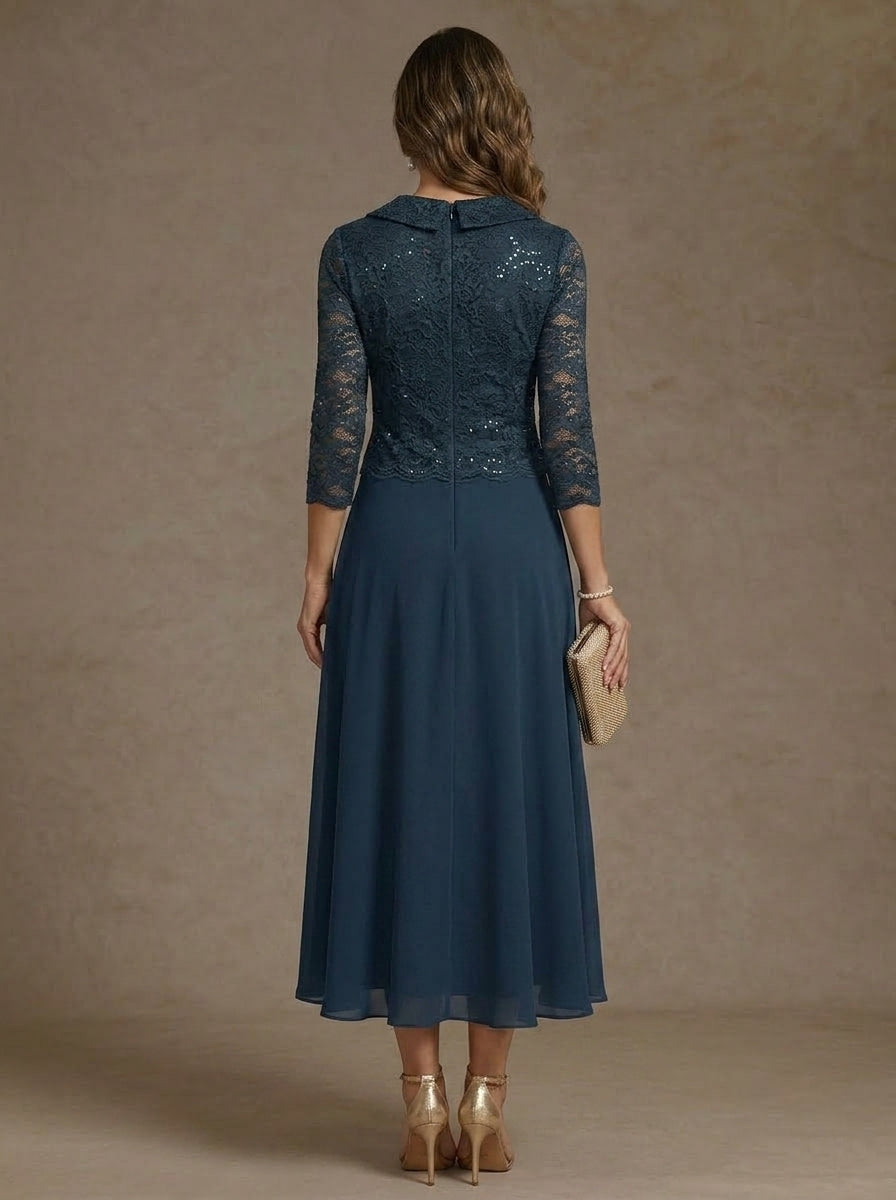 A-Line/Princess V-Neck Chiffon Mother of the Bride Dresses 3/4 Sleeves Lace Sequins Tea-Length