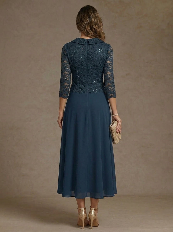 A-Line/Princess V-Neck Chiffon Mother of the Bride Dresses 3/4 Sleeves Lace Sequins Tea-Length