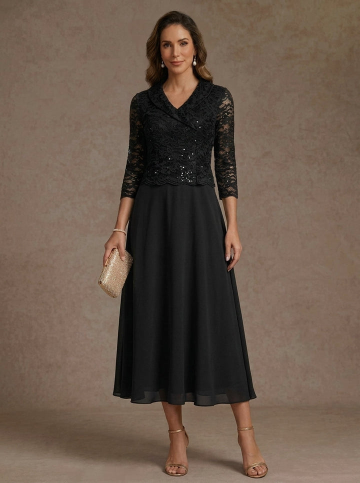 A-Line/Princess V-Neck Chiffon Mother of the Bride Dresses 3/4 Sleeves Lace Sequins Tea-Length