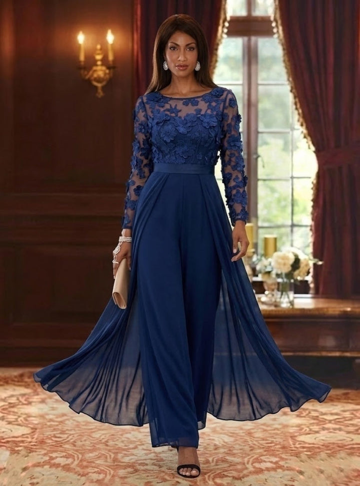 Jumpsuit Scoop Chiffon Mother of the Bride Jumpsuit with Overskirt Long Sleeves Lace Floral Ankle-Length