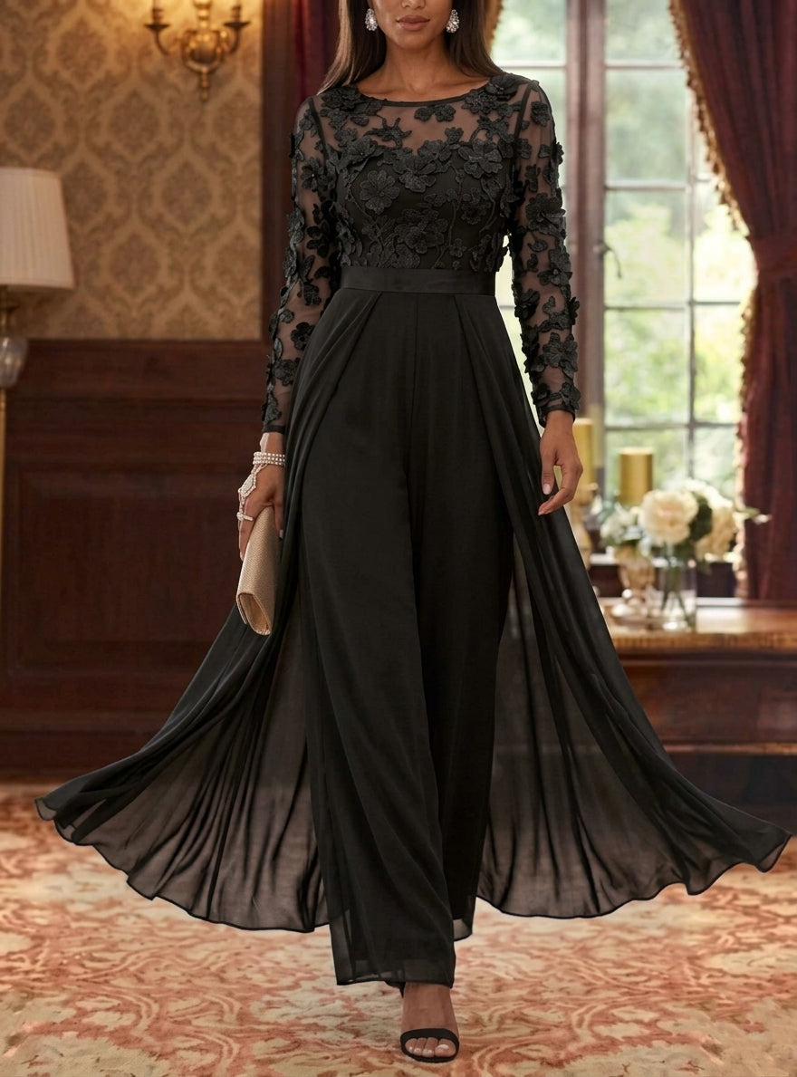 Jumpsuit Scoop Chiffon Mother of the Bride Jumpsuit with Overskirt Long Sleeves Lace Floral Ankle-Length