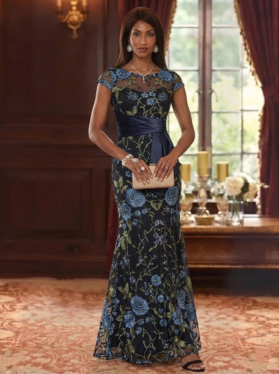 Trumpet/Mermaid Scoop Lace Floral Mother of the Bride Dresses with Sash Short Sleeves Floor-Length