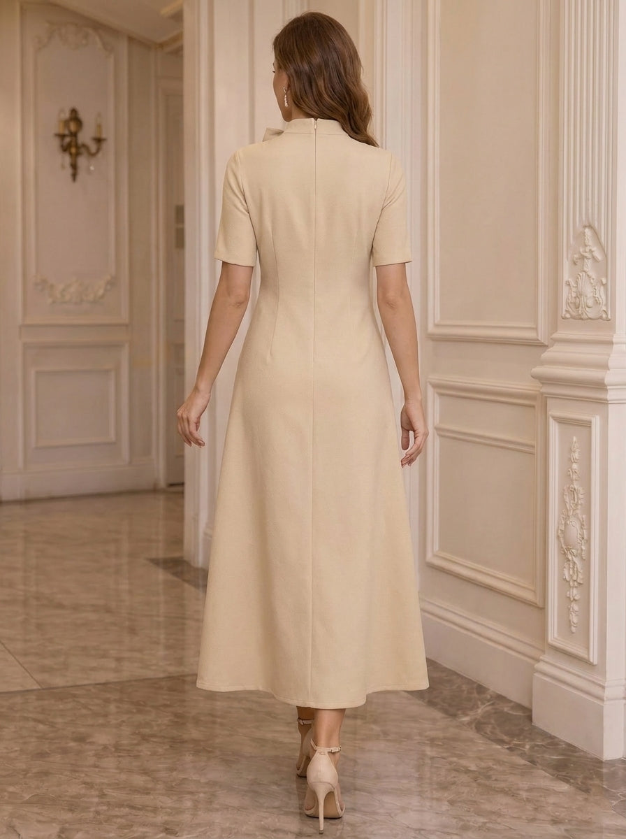 A-Line/Princess Mock Neck Stretch Satin Mother of the Bride Dresses with 3D Flowers Short Sleeves Tea-Length Bowknot