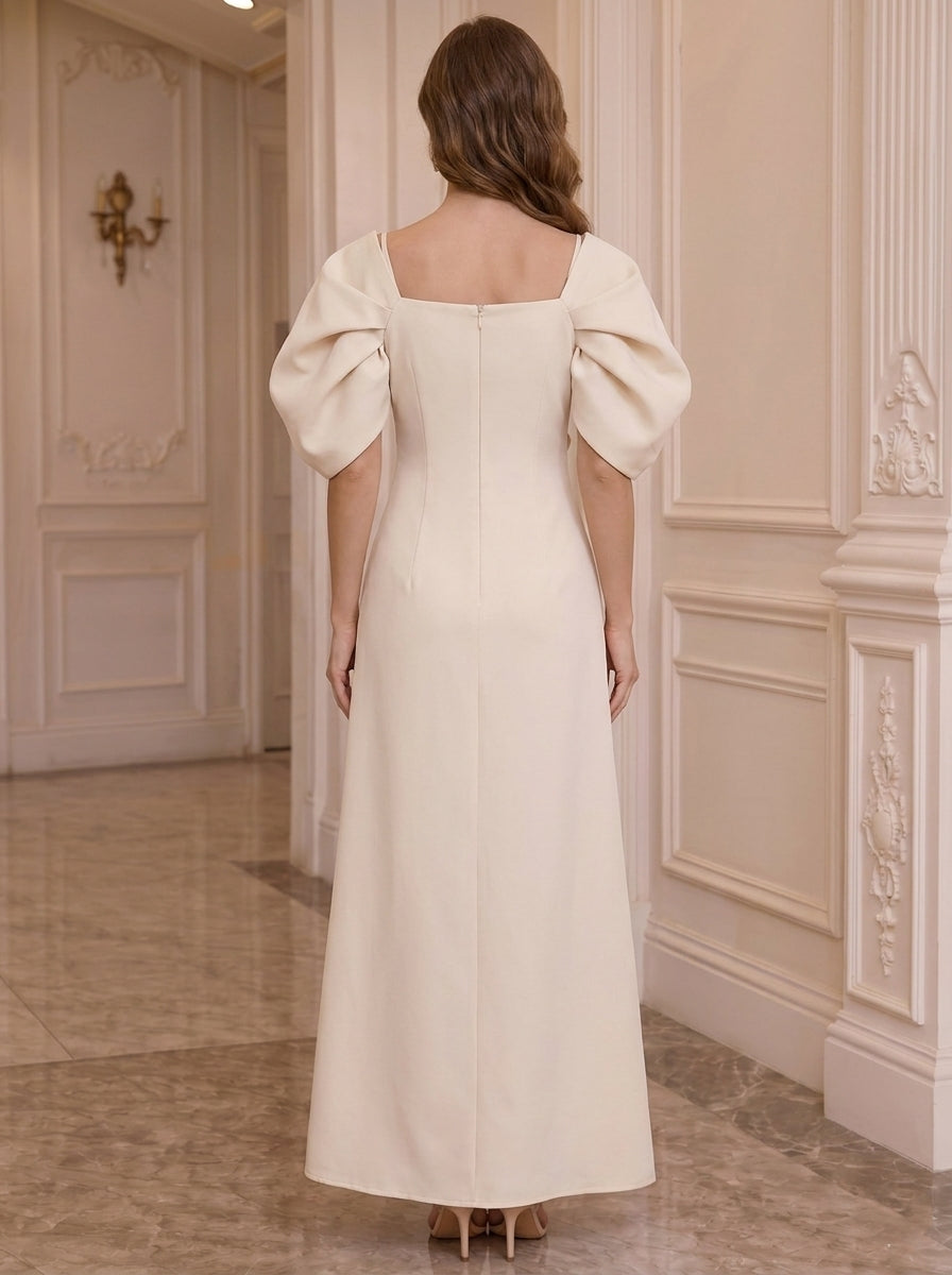 A-Line/Princess Square Collar Stretch Satin Mother of the Bride Dresses with 3D Flowers Puff Sleeves Ankle-Length