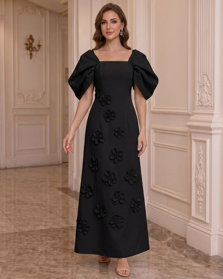 A-Line/Princess Square Collar Stretch Satin Mother of the Bride Dresses with 3D Flowers Puff Sleeves Ankle-Length
