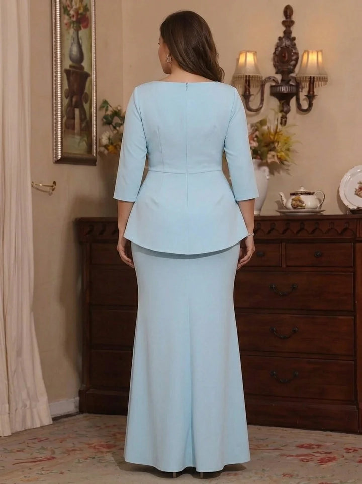 Trumpet/Mermaid Boat Neck Stretch Satin Plus Size Mother of the Bride Dresses with 3D Flowers 3/4 Sleeves Floor-Length