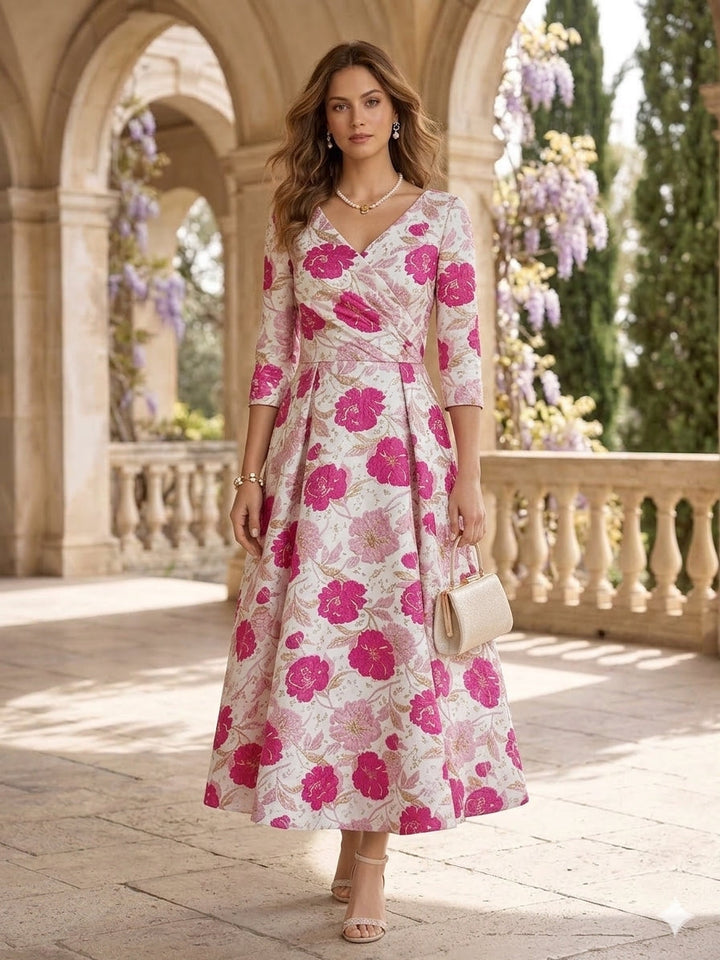 A-Line/Princess V-Neck Jacquard Mother of the Bride Dresses Floral Tea-Length 3/4 Sleeves