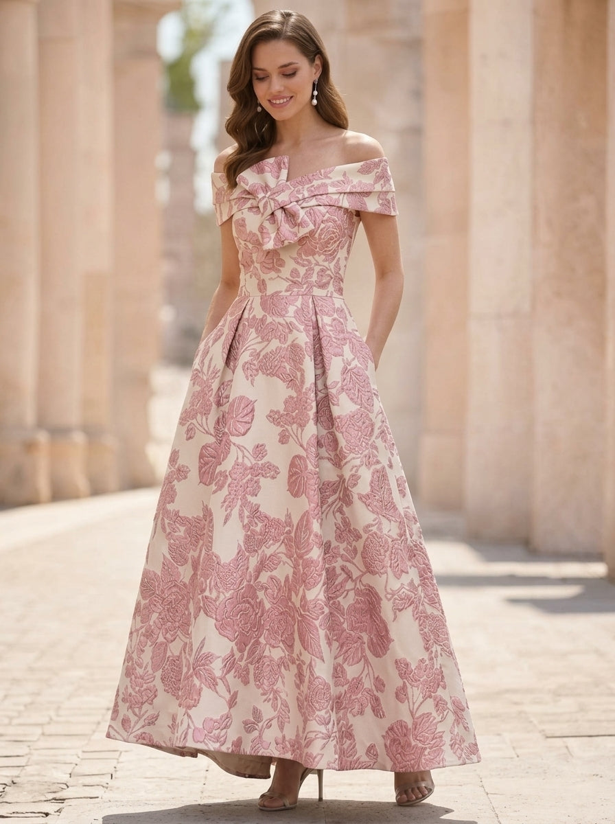A-Line/Princess Off-the-Shoulder Jacquard Mother of the Bride Dresses with Bowknot Floral Ankle-Length Sleeveless