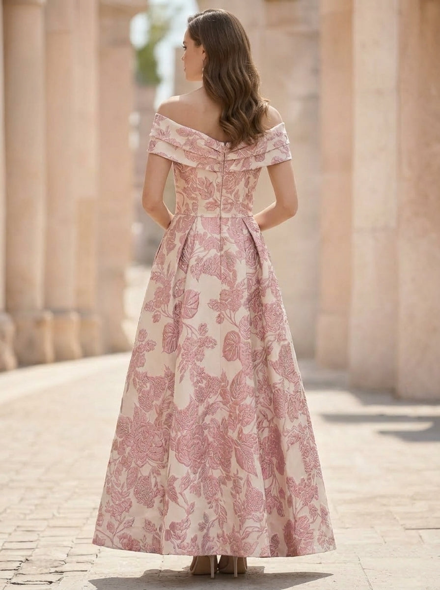 A-Line/Princess Off-the-Shoulder Jacquard Mother of the Bride Dresses with Bowknot Floral Ankle-Length Sleeveless