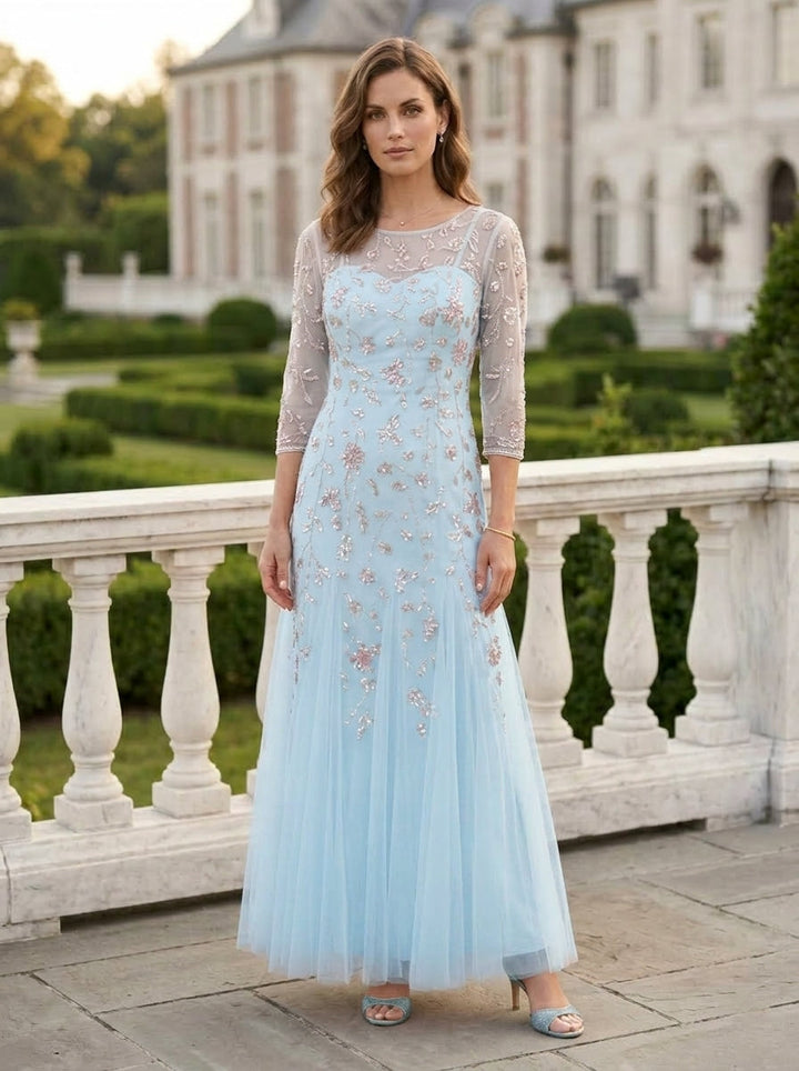 A-Line/Princess Scoop Tulle Mother of the Bride Dresses Sequins Floral Ankle-Length 3/4 Sleeves