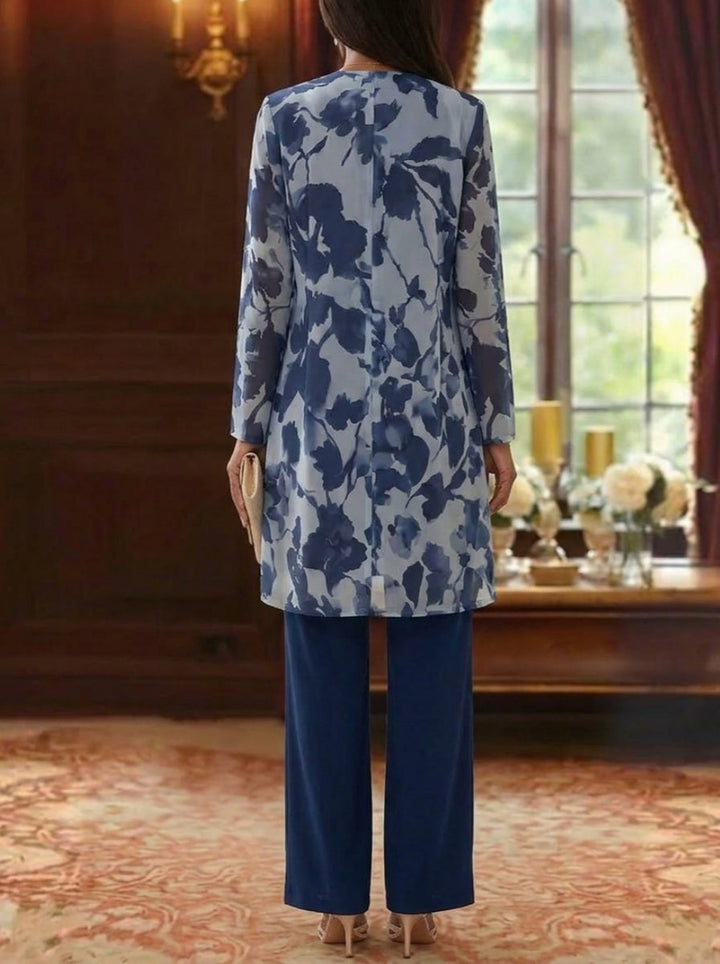 3 Pieces Suit Scoop Chiffon Mother of the Bride Pantsuits with Jacket Floral Long Sleeves Ankle-Length