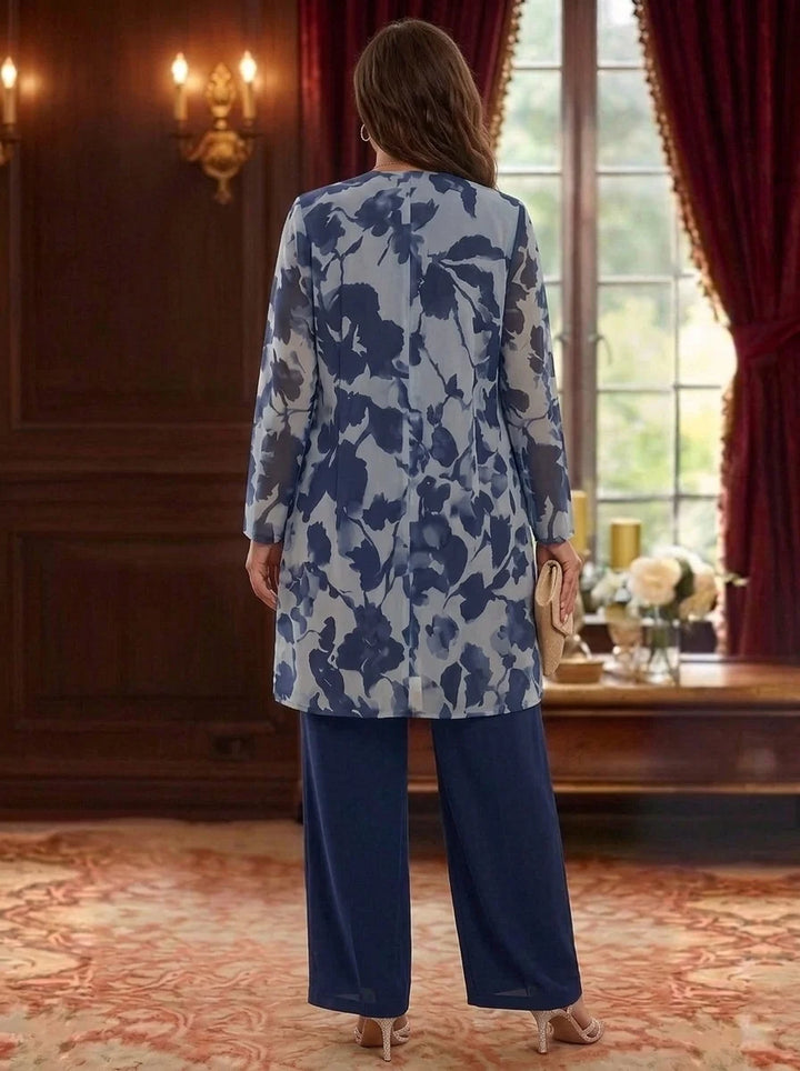 3 Pieces Suit Scoop Chiffon Plus Size Mother of the Bride Pantsuits with Jacket Floral Long Sleeves Ankle-Length