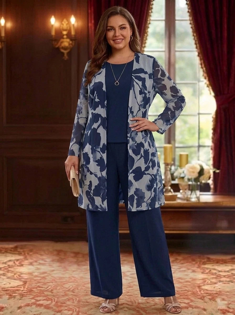 3 Pieces Suit Scoop Chiffon Plus Size Mother of the Bride Pantsuits with Jacket Floral Long Sleeves Ankle-Length