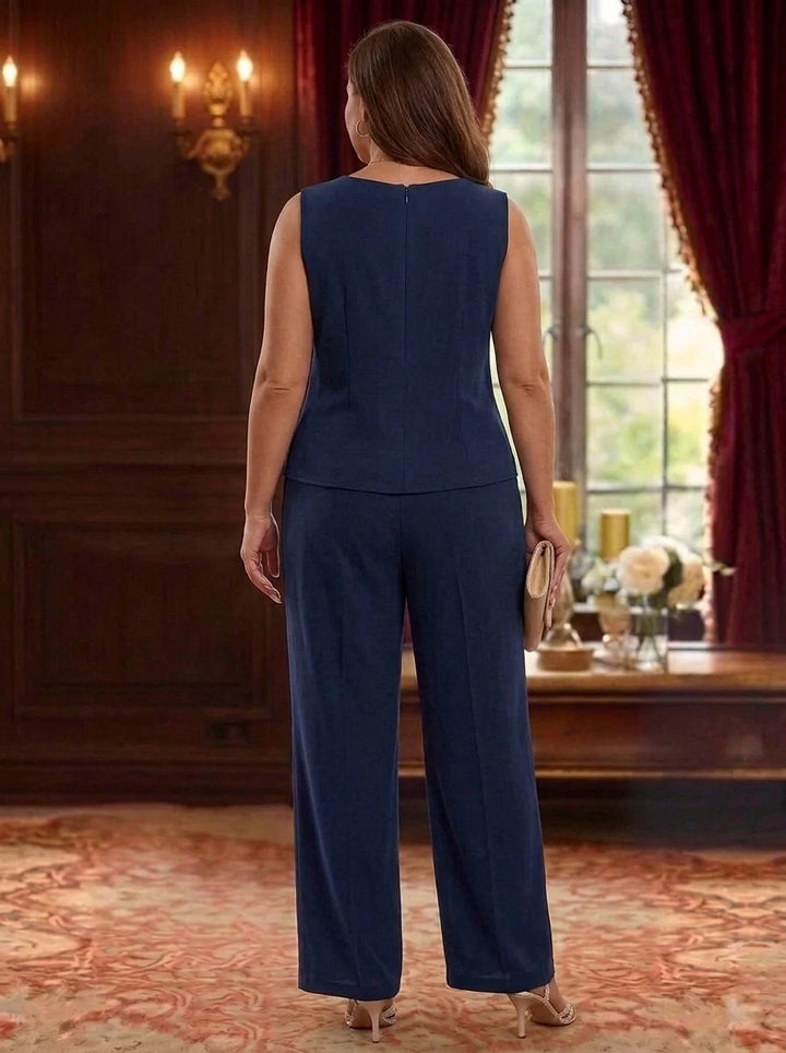 3 Pieces Suit Scoop Chiffon Plus Size Mother of the Bride Pantsuits with Jacket Floral Long Sleeves Ankle-Length