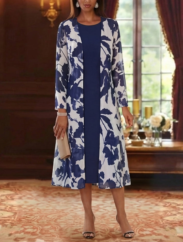 2 Pieces A-Line/Princess Scoop Chiffon Mother of the Bride Dresses with Jacket Floral Long Sleeves Tea-Length
