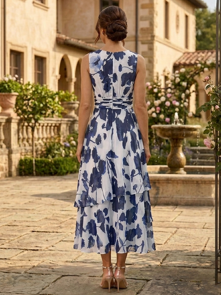 2 Pieces A-Line/Princess Scoop Chiffon Mother of the Bride Dresses with Jacket Floral 3/4 Sleeves Tea-Length Ruched Ruffles