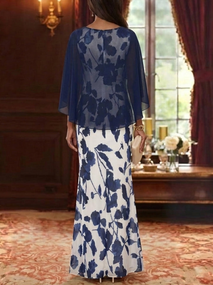 Sheath/Column Scoop Chiffon Mother of the Bride Dresses with 3D Flower Floral Cape Sleeves Floor-Length