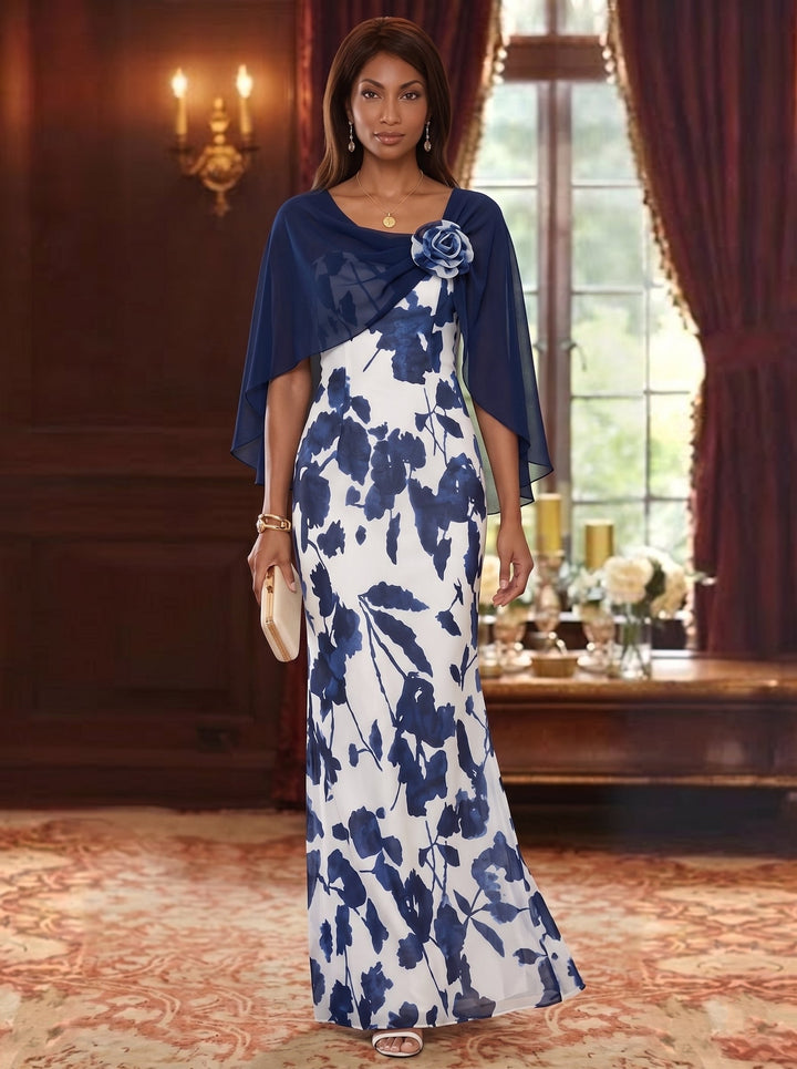 Sheath/Column Scoop Chiffon Mother of the Bride Dresses with 3D Flower Floral Cape Sleeves Floor-Length
