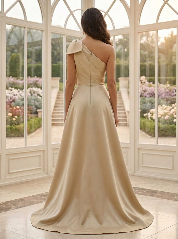 Sheath/Column One-Shoulder Satin Mother of the Bride Dresses with Overskirt Lace Floral Sleeveless Floor-Length Bowknot
