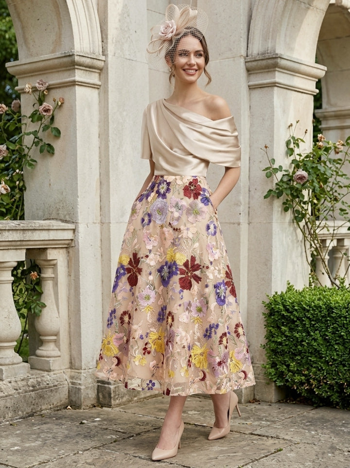 A-Line/Princess Silk Satin One-Shoulder Mother of the Bride Dresses Tea Length Short Sleeves Lace Floral