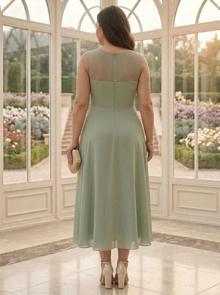 2 Pieces Chiffon A-Line/Princess Scoop Plus Size Mother of the Bride Dresses with Jacket Tea-Length 3/4 Sleeves Lace Floral