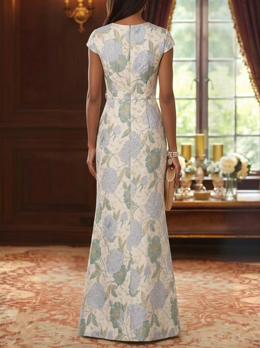 Sheath/Column V-Neck Jacquard Mother of the Bride Dresses with 3D Flower Floral Floor-Length Cap Sleeves Ruffles