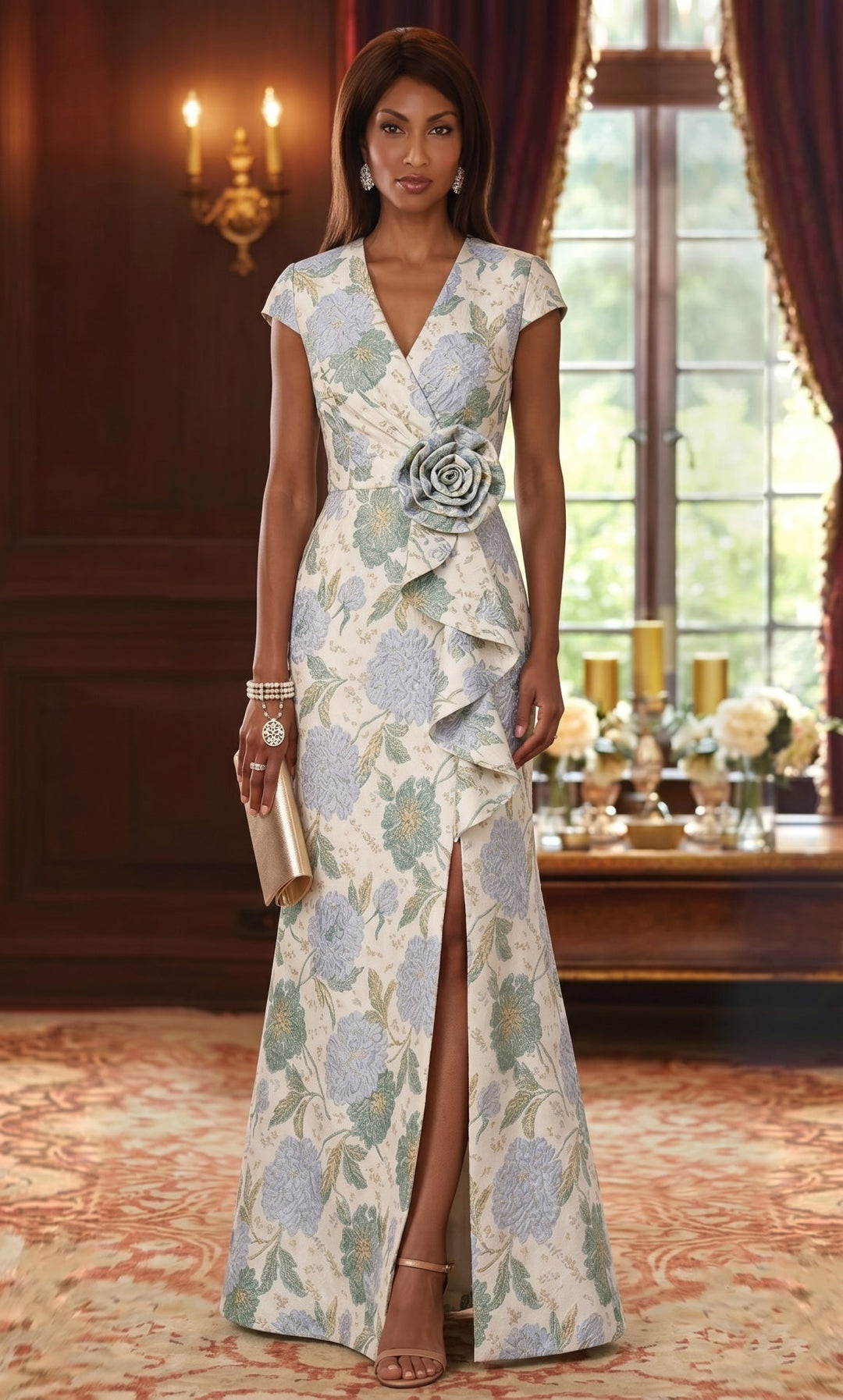 Sheath/Column V-Neck Jacquard Mother of the Bride Dresses with 3D Flower Floral Floor-Length Cap Sleeves Ruffles