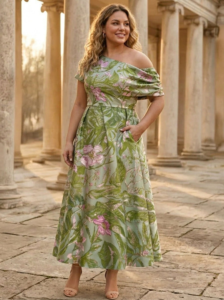 A-Line/Princess One-shoulder Satin Plus Size Mother of the Bride Dresses Floral Ankle-Length Short Sleeves