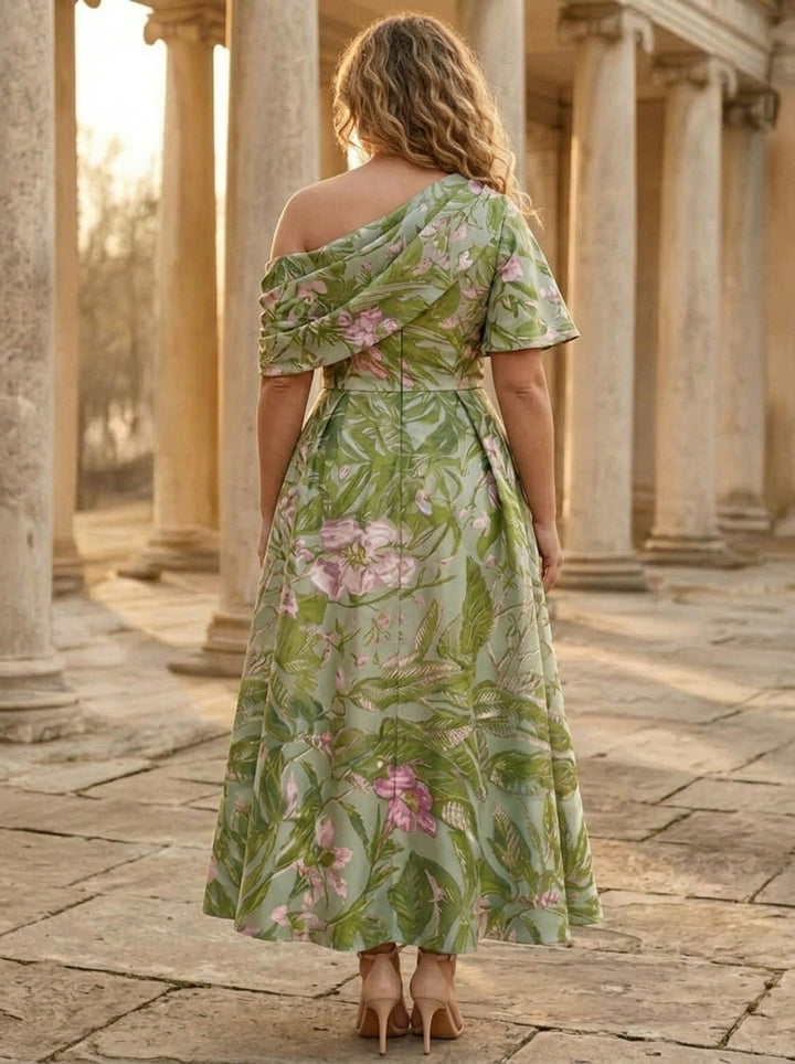 A-Line/Princess One-shoulder Satin Plus Size Mother of the Bride Dresses Floral Ankle-Length Short Sleeves