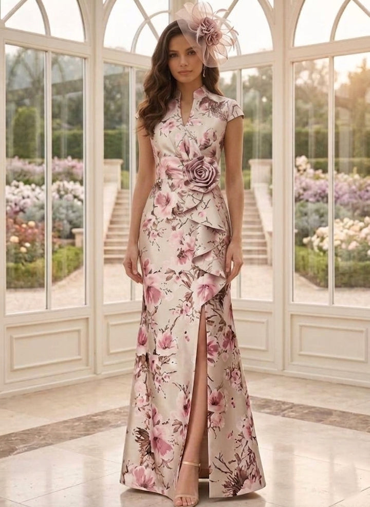 A-Line/Princess V-Neck Printed Satin Mother of the Bride Dresses with Split Side Cap Sleeves Floor-Length 3D Flower Floral