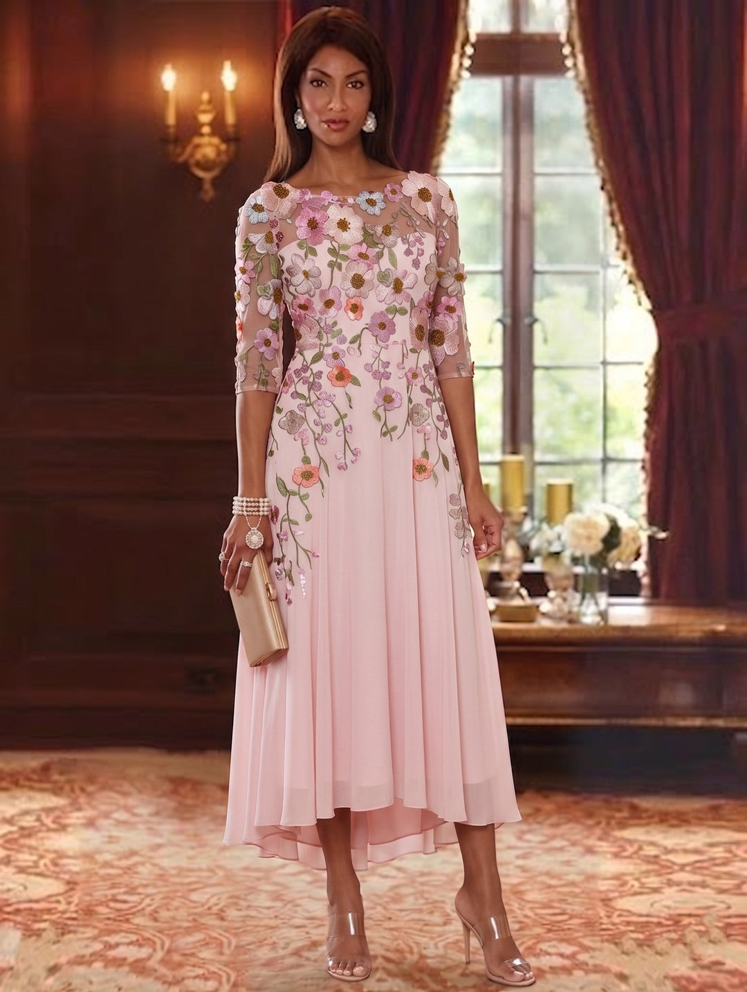 A-Line/Princess Scoop Chiffon Mother of the Bride Dresses Floral Asymmetrical Tea-Length 3/4 Sleeves