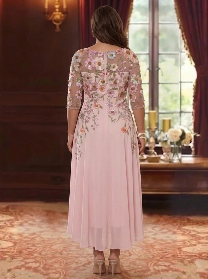 A-Line/Princess Scoop Chiffon Plus Size Mother of the Bride Dresses Floral Asymmetrical Tea-Length 3/4 Sleeves