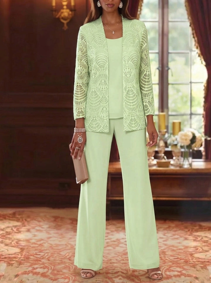 3 Pieces Scoop Chiffon Mother of the Bride Pantsuits with Jacket Lace Ankle-Length Long Sleeves