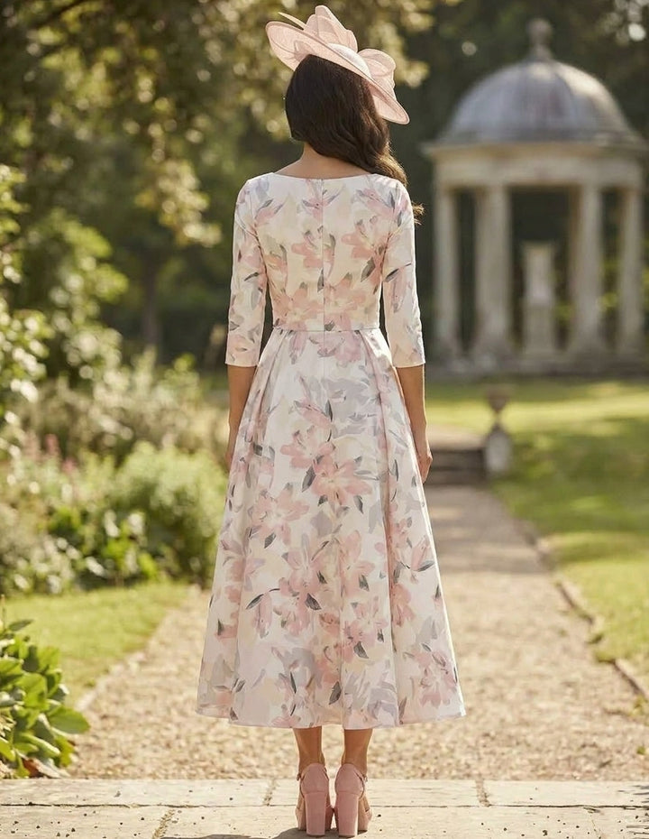 A-Line/Princess V-Neck Satin Mother of the Bride Dresses Floral Tea-Length 3/4 Sleeves Ruched