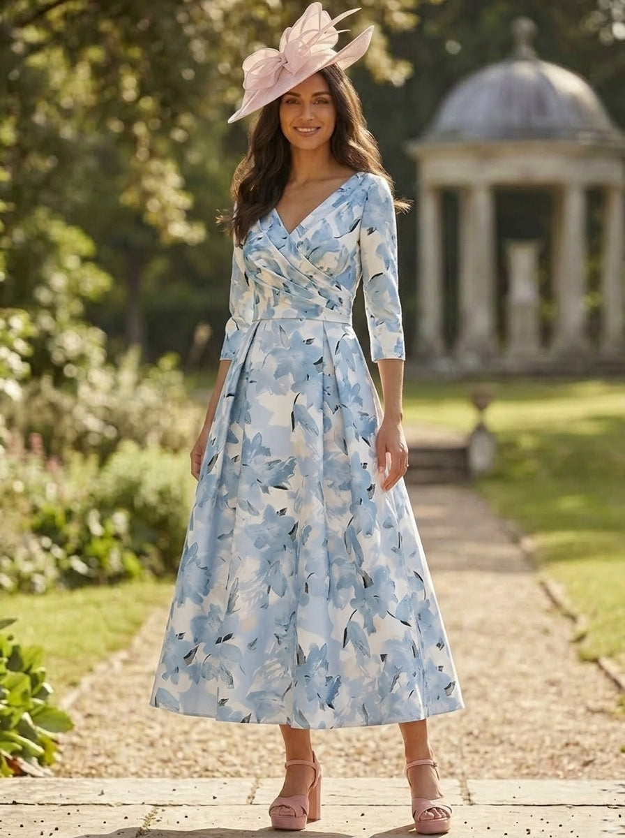 A-Line/Princess V-Neck Satin Mother of the Bride Dresses Floral Tea-Length 3/4 Sleeves Ruched