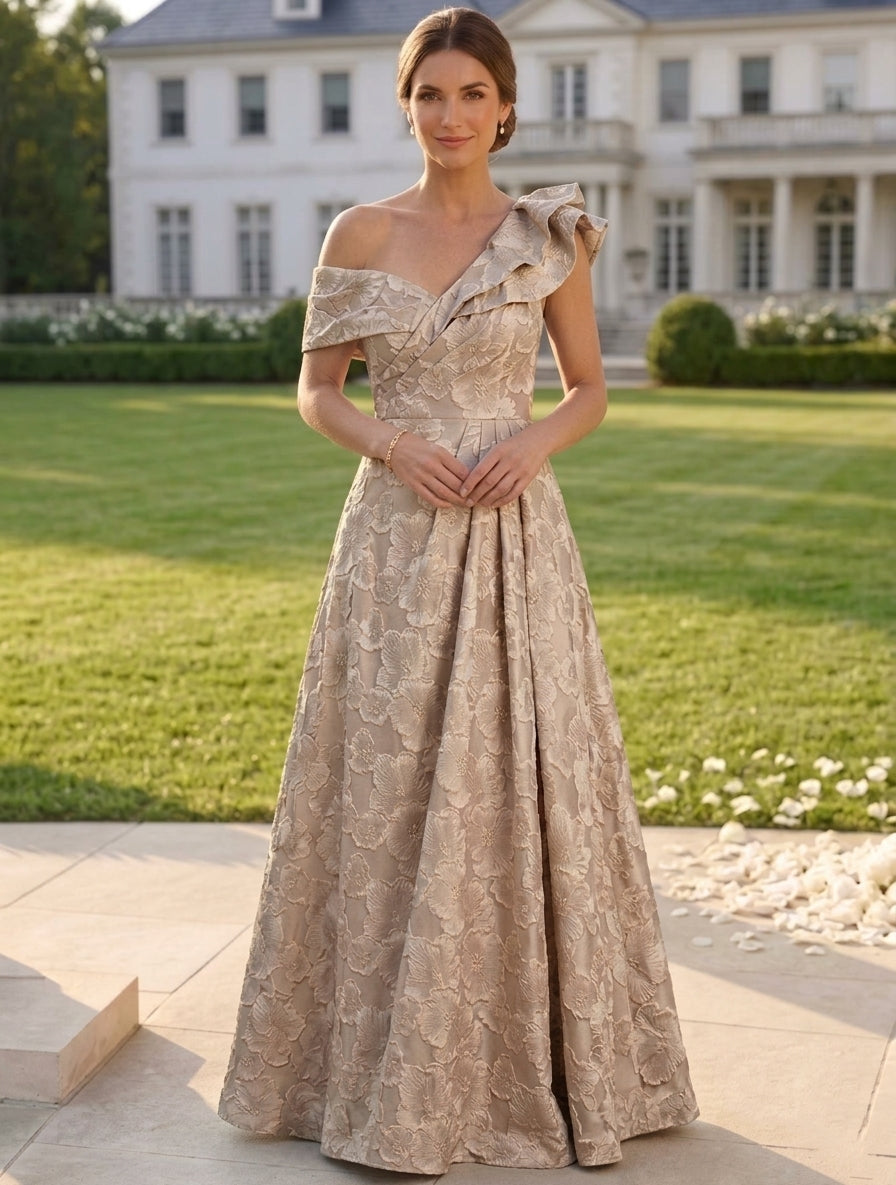 A-Line/Princess One-Shoulder Jacquard Mother of the Bride Dresses Floral Floor-Length Sleeveless Ruffles