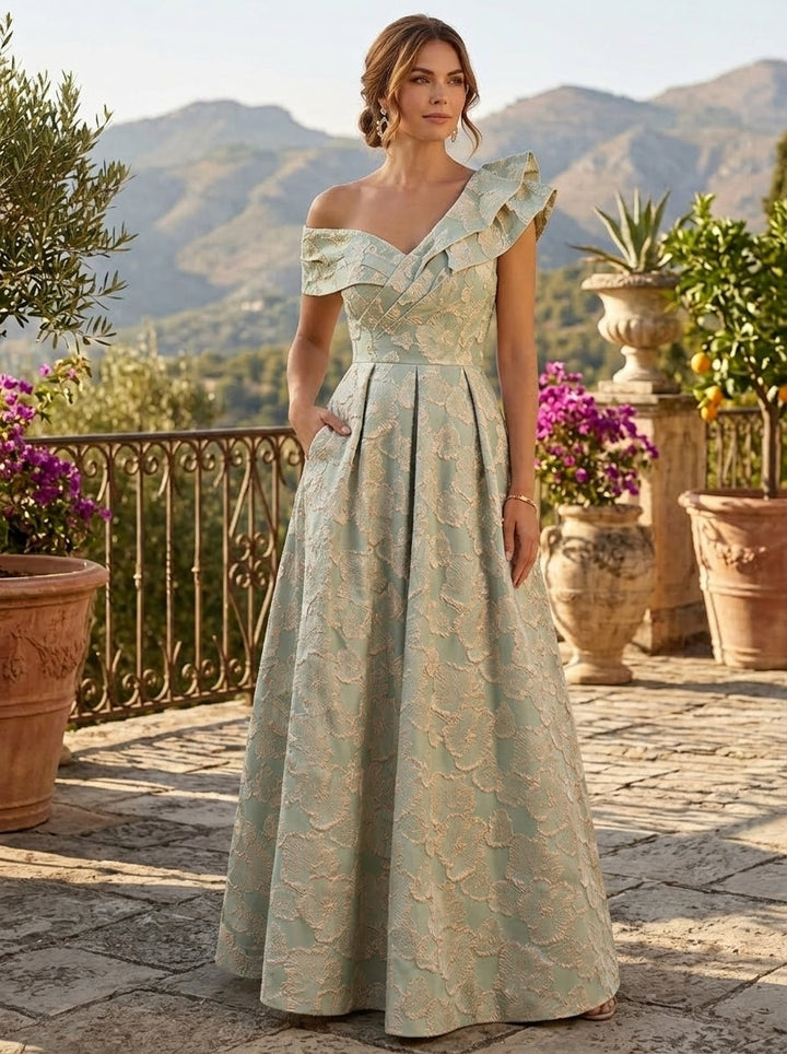 A-Line/Princess One-Shoulder Jacquard Mother of the Bride Dresses Floral Floor-Length Sleeveless Ruffles